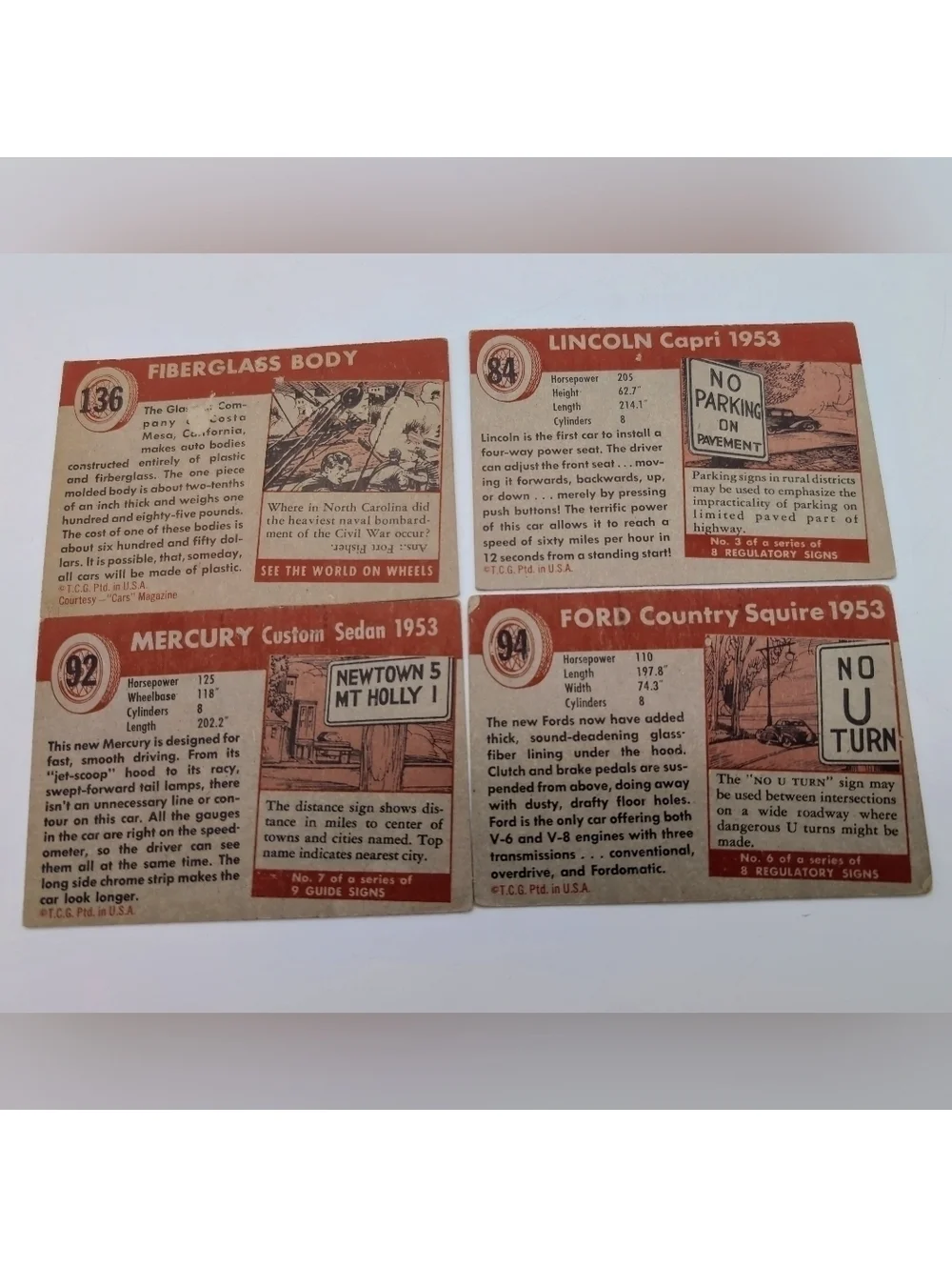 1954 Topps Car Card Set 4 Ford, Lincoln, Mercury, Glasspar Models